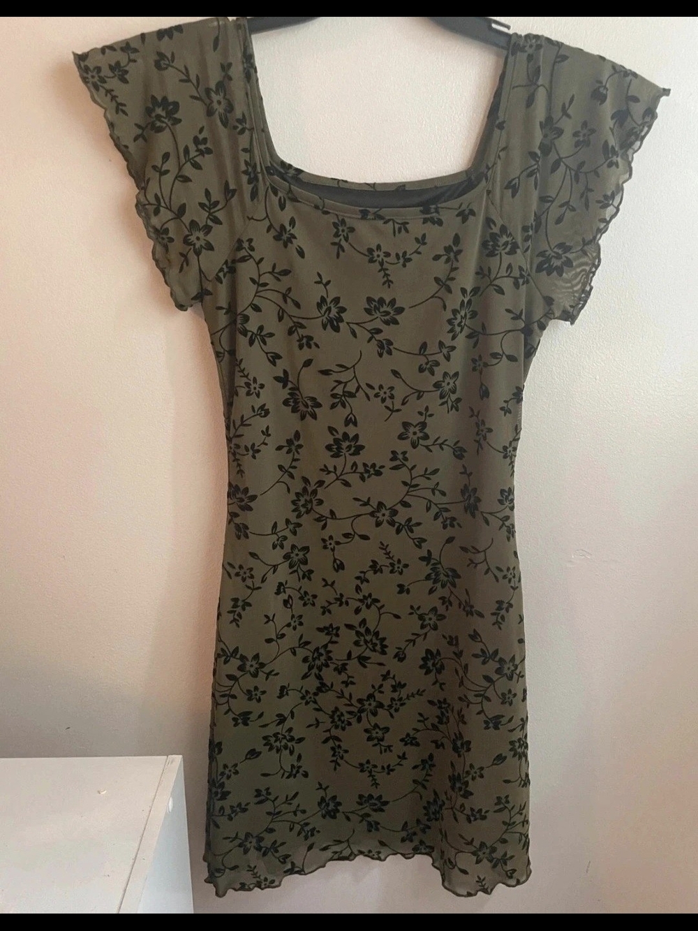 Olive Green Floral Flutter Sleeve Dress